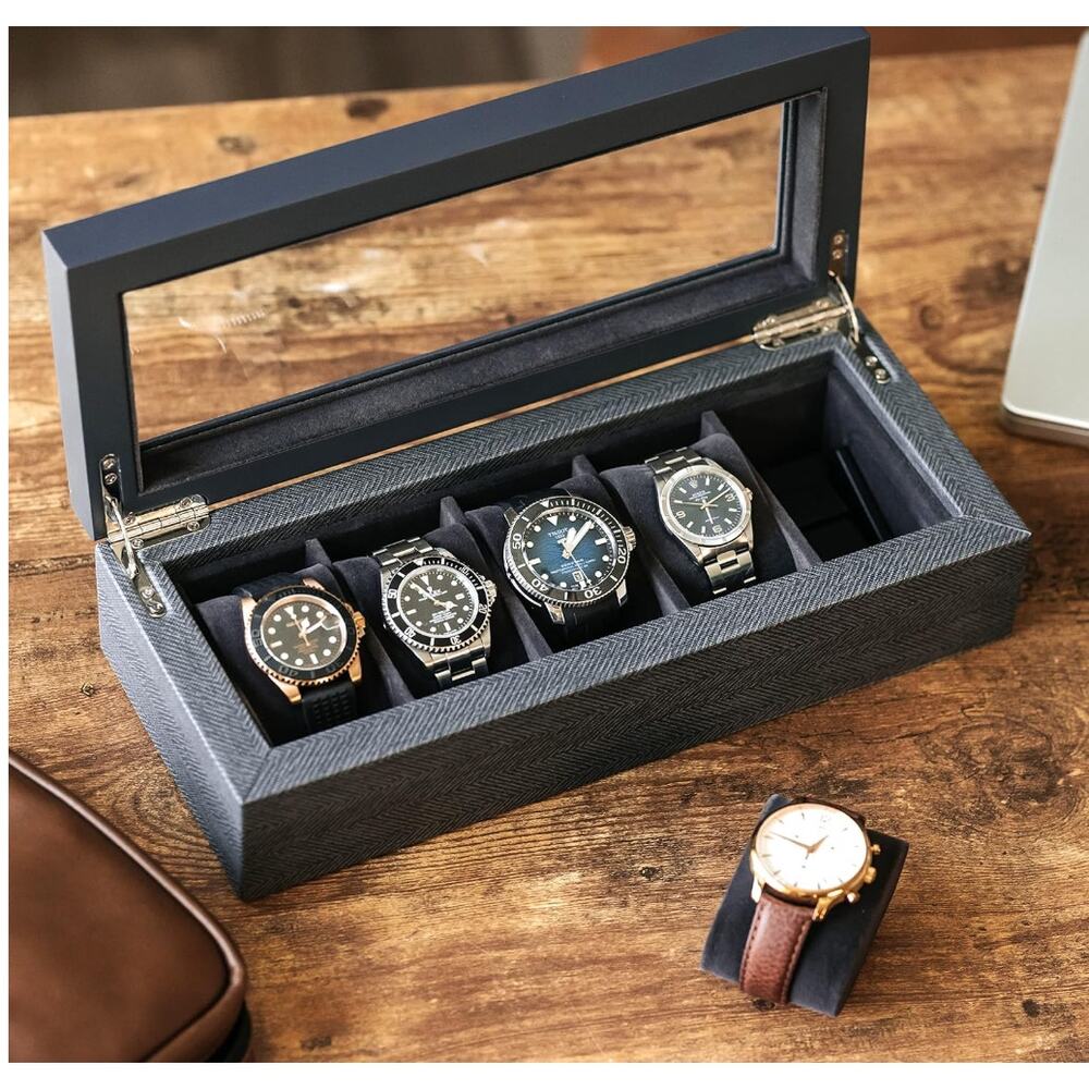 CASE ELEGANCE Herringbone Pattern Watch Storage Box 5 Watches, Glass Lid NEW